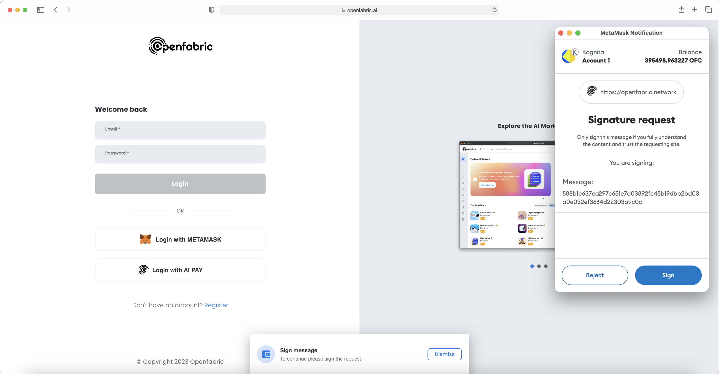 Openfabric - Metamask login